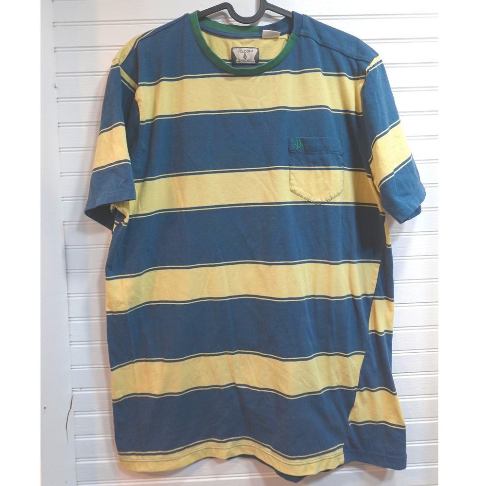 Volcom T-shirt Men's Large Blue Yellow Striped Vtg Y2K 90s Pocket Crewneck Tee